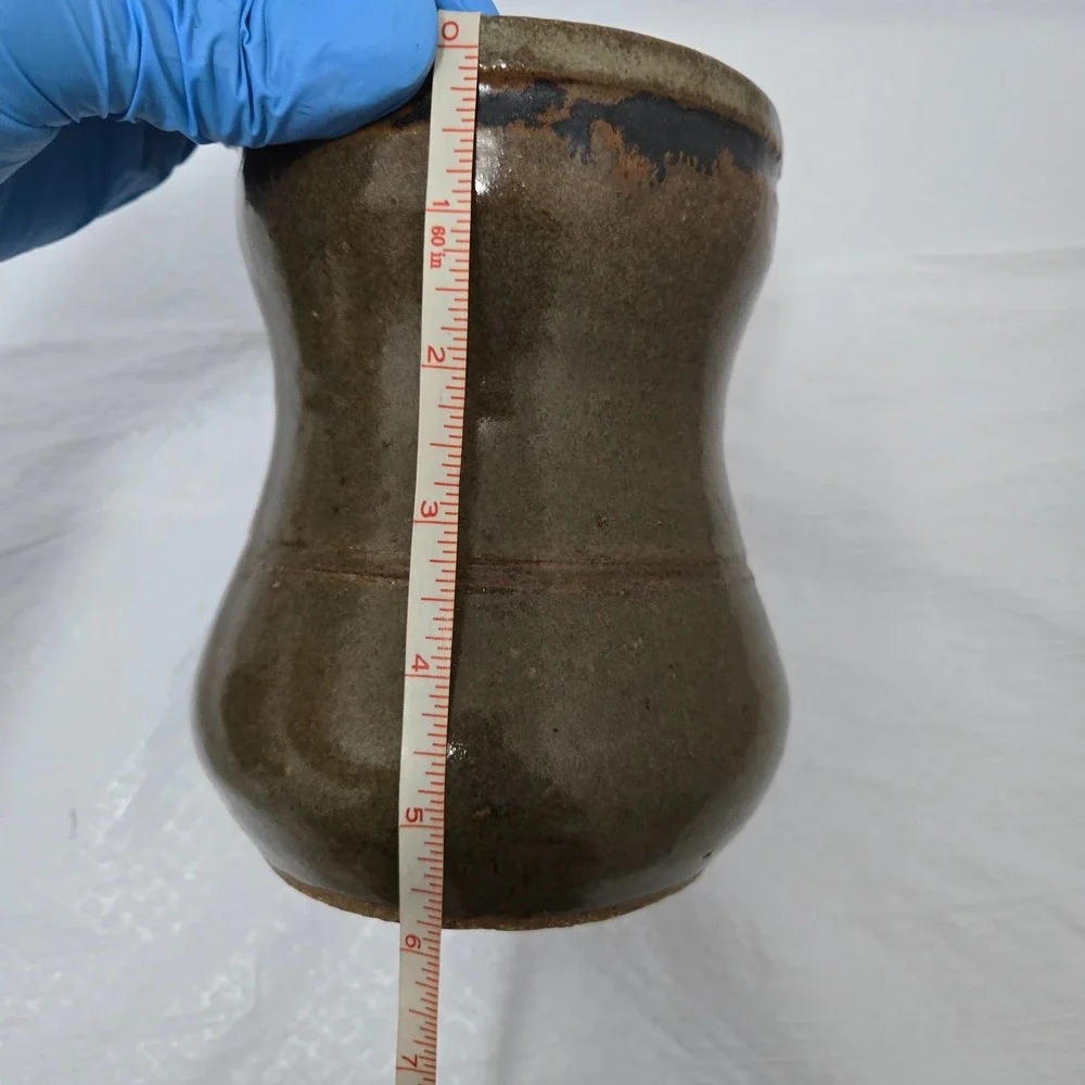 Signed CORA Studio Pottery Stoneware Vase Crock Brown Olive Glaze 6